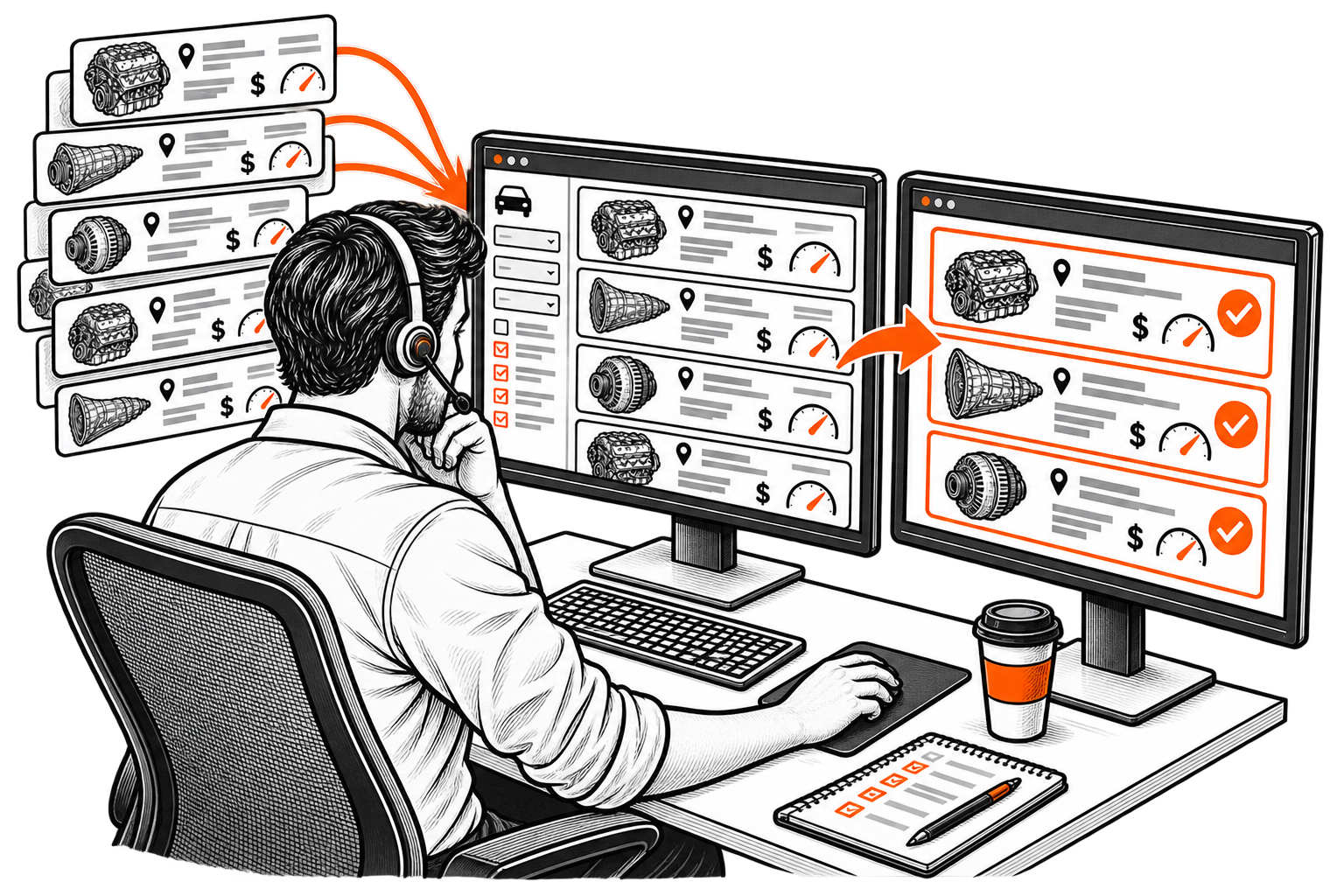 Parts researcher organizing supplier matches illustration